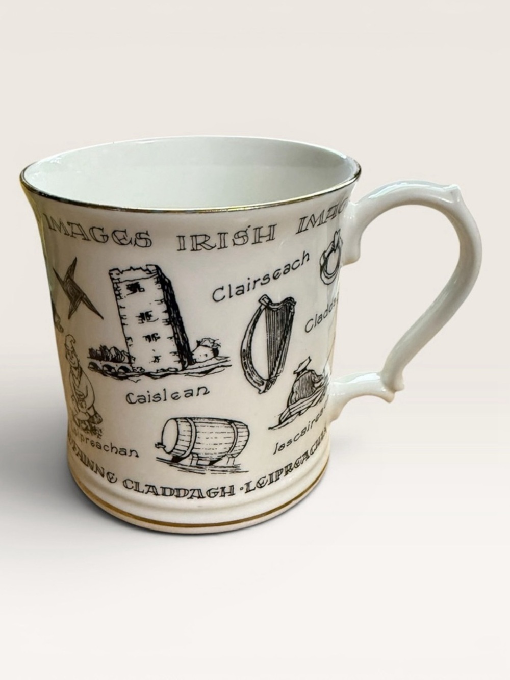 White Porcelain Irish Motif Mug with Gold Trim